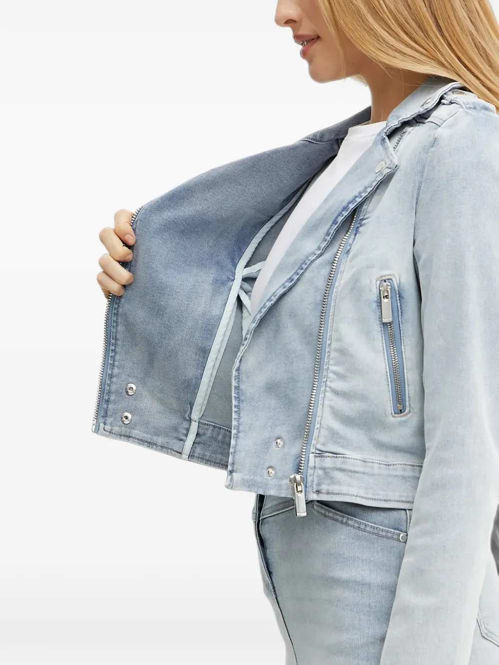 Morgan Vammy biker-style denim jacket Blauw