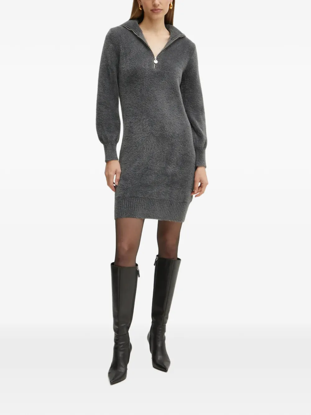 Morgan quarter-zip fuzzy-knit mini dress Grijs
