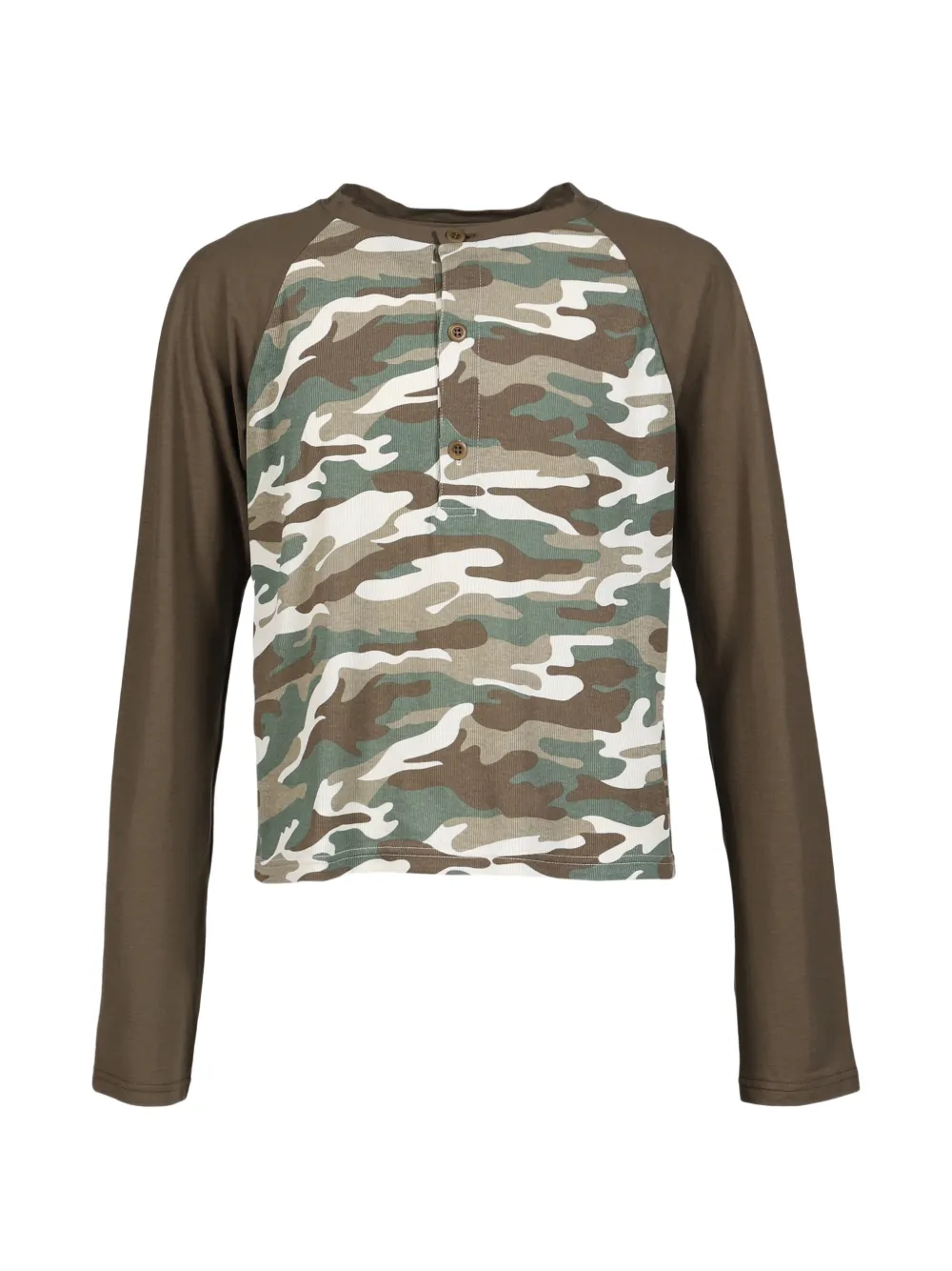 JUN/NAKAYAMA Henley camouflage-print raglan-sleeved T-shirt - Braun