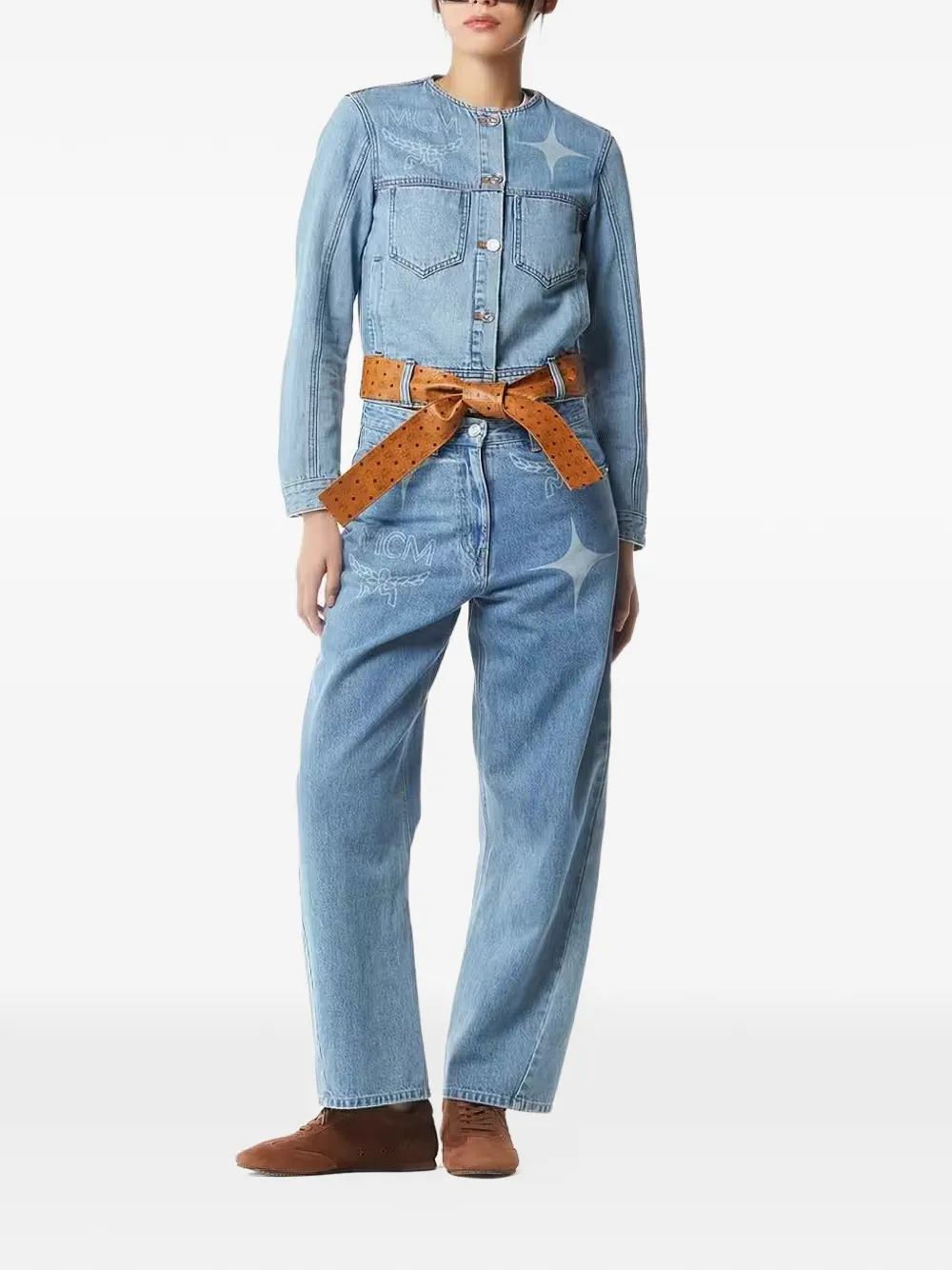 MCM Constellation denim jack met ceintuur en print Blauw