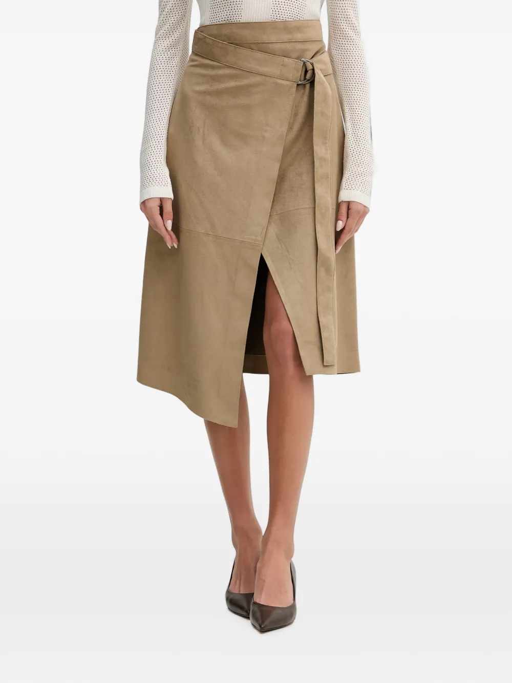 Sisley Paris Belted Asymmetric Midi Skirt In Nude