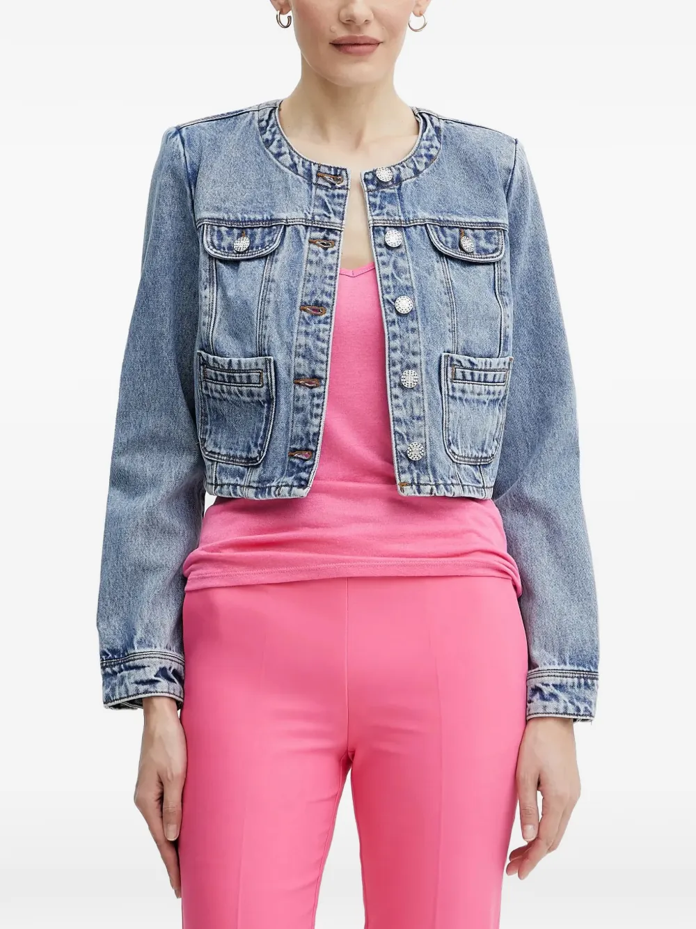 Morgan Vcharme Collarless Cropped Denim Jacket In Blau