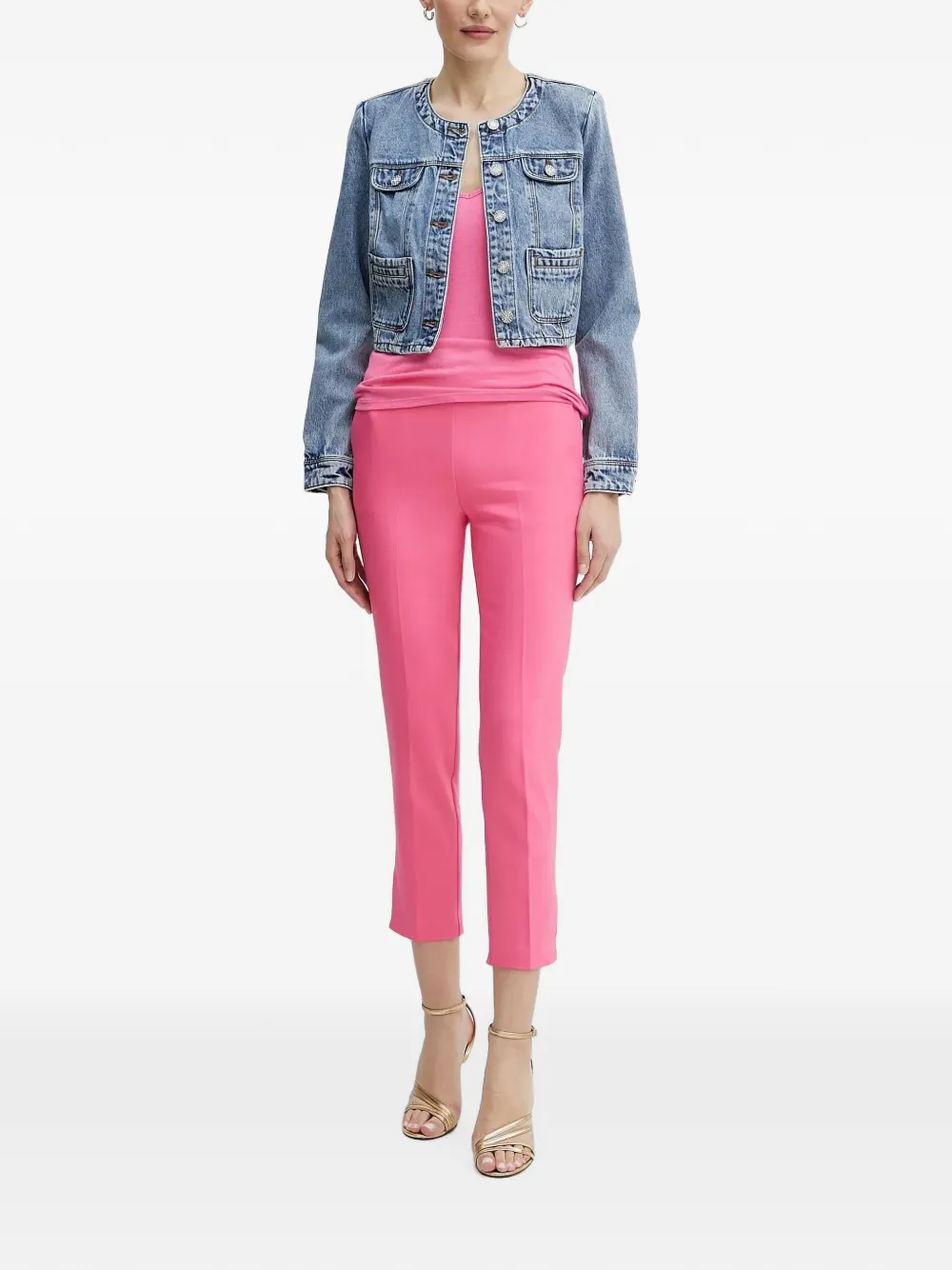 Morgan Vcharme kraagloos cropped denim jack Blauw