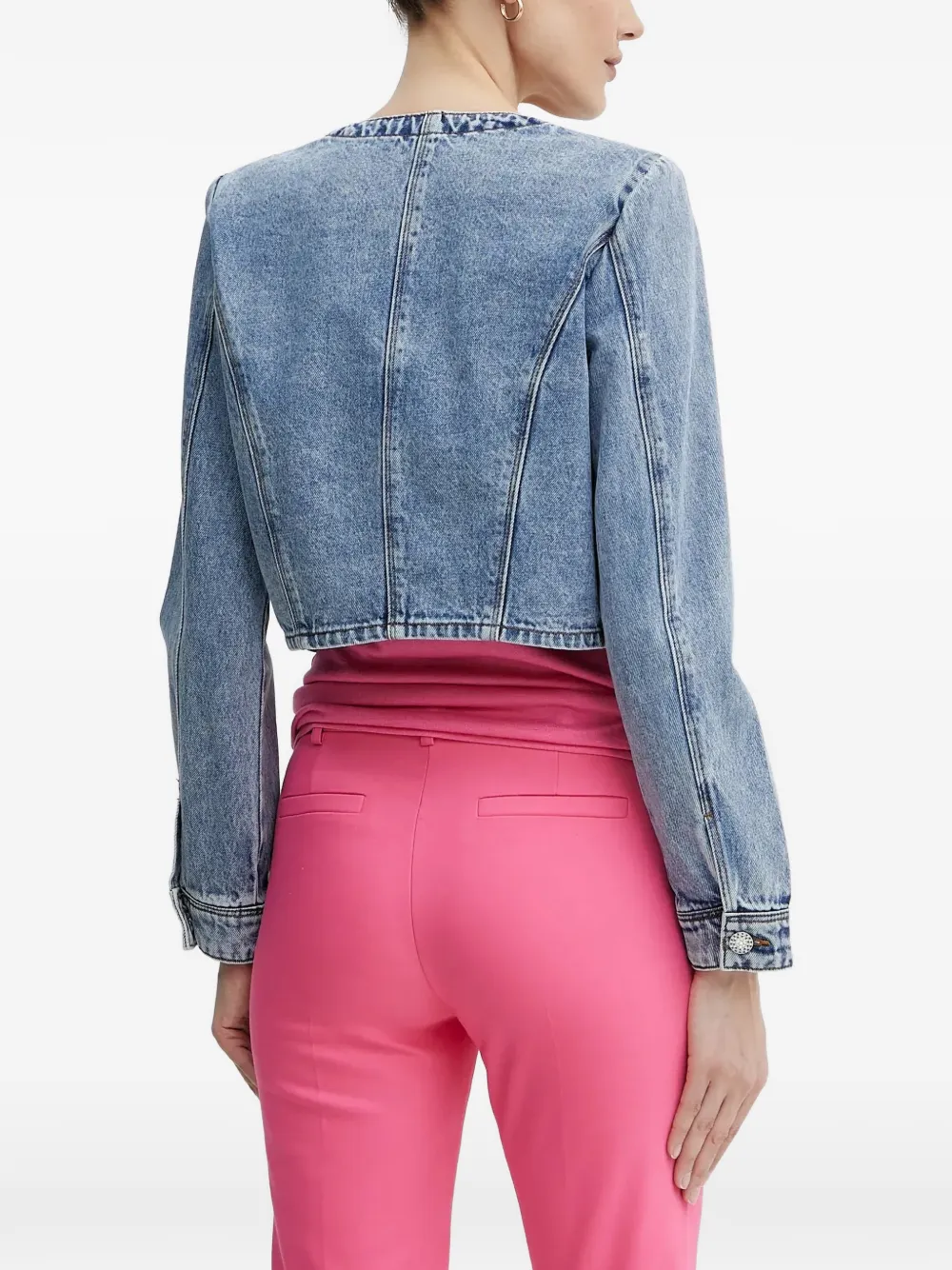 Morgan Vcharme kraagloos cropped denim jack Blauw