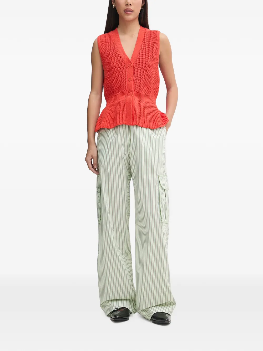Mos Mosh Herbi ribbed-knit peplum cardigan Oranje