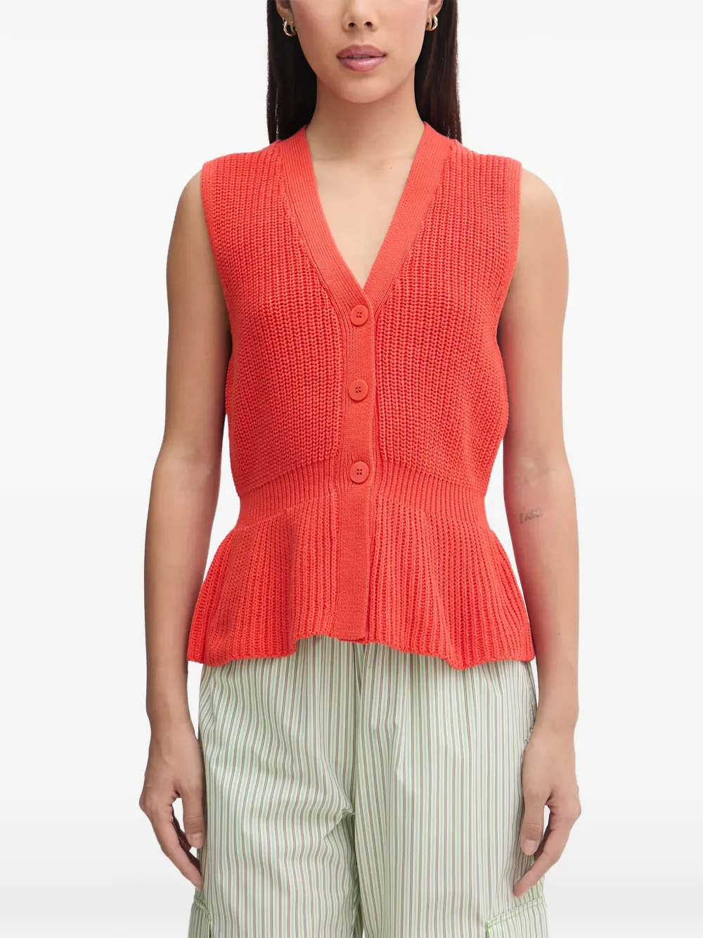 Mos Mosh Herbi Ribbed-knit Peplum Cardigan In Orange