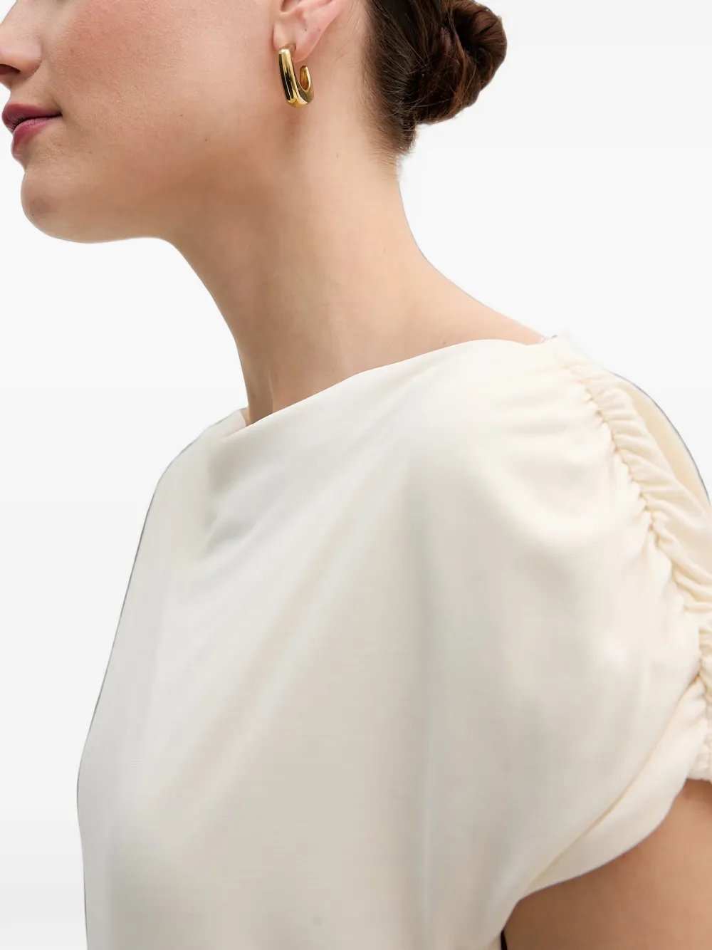 Mos Mosh gathered-sleeve boat-neck T-shirt Beige