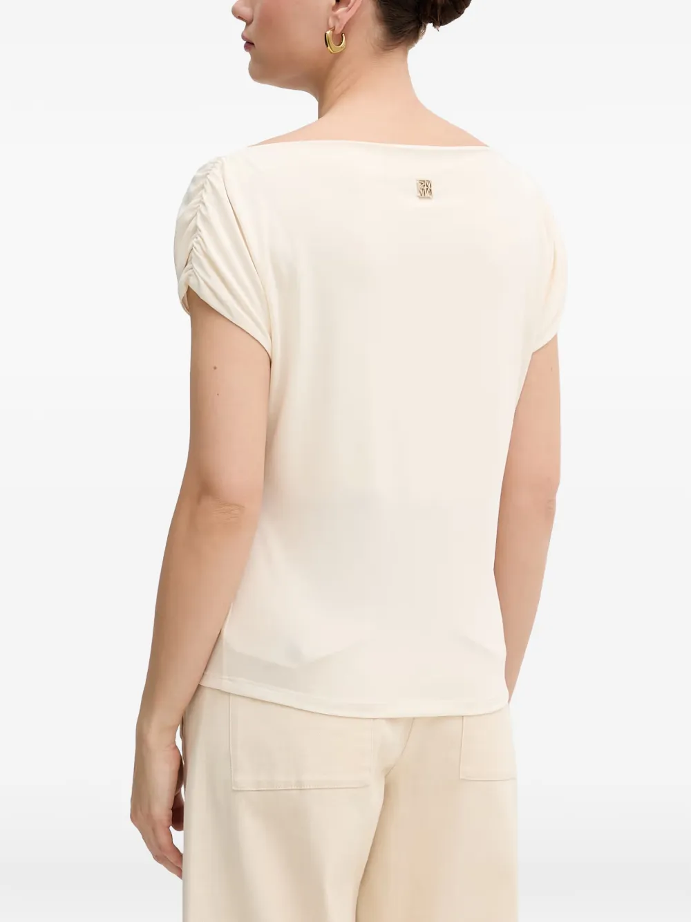 Mos Mosh gathered-sleeve boat-neck T-shirt Beige