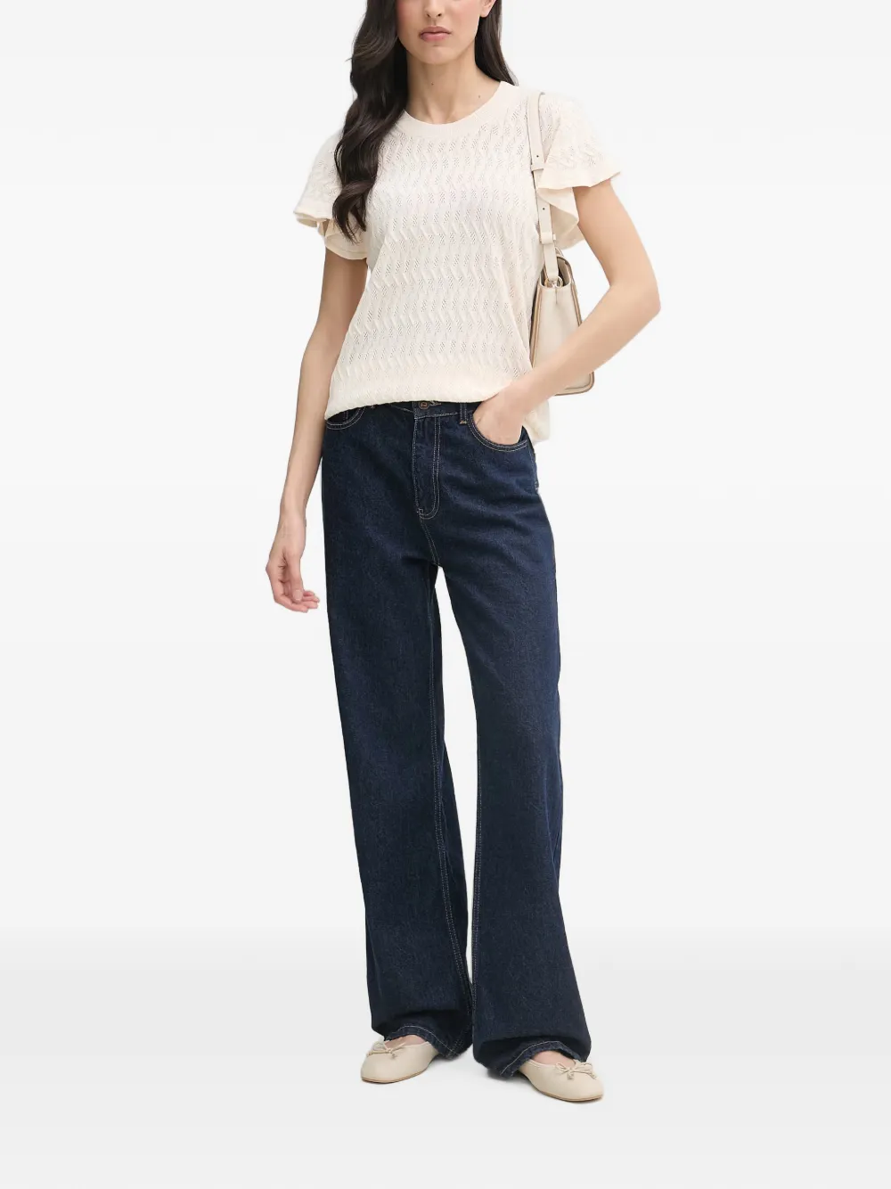 Mos Mosh Pointelle gebreide top met ruches en MMGanna-patroon Beige