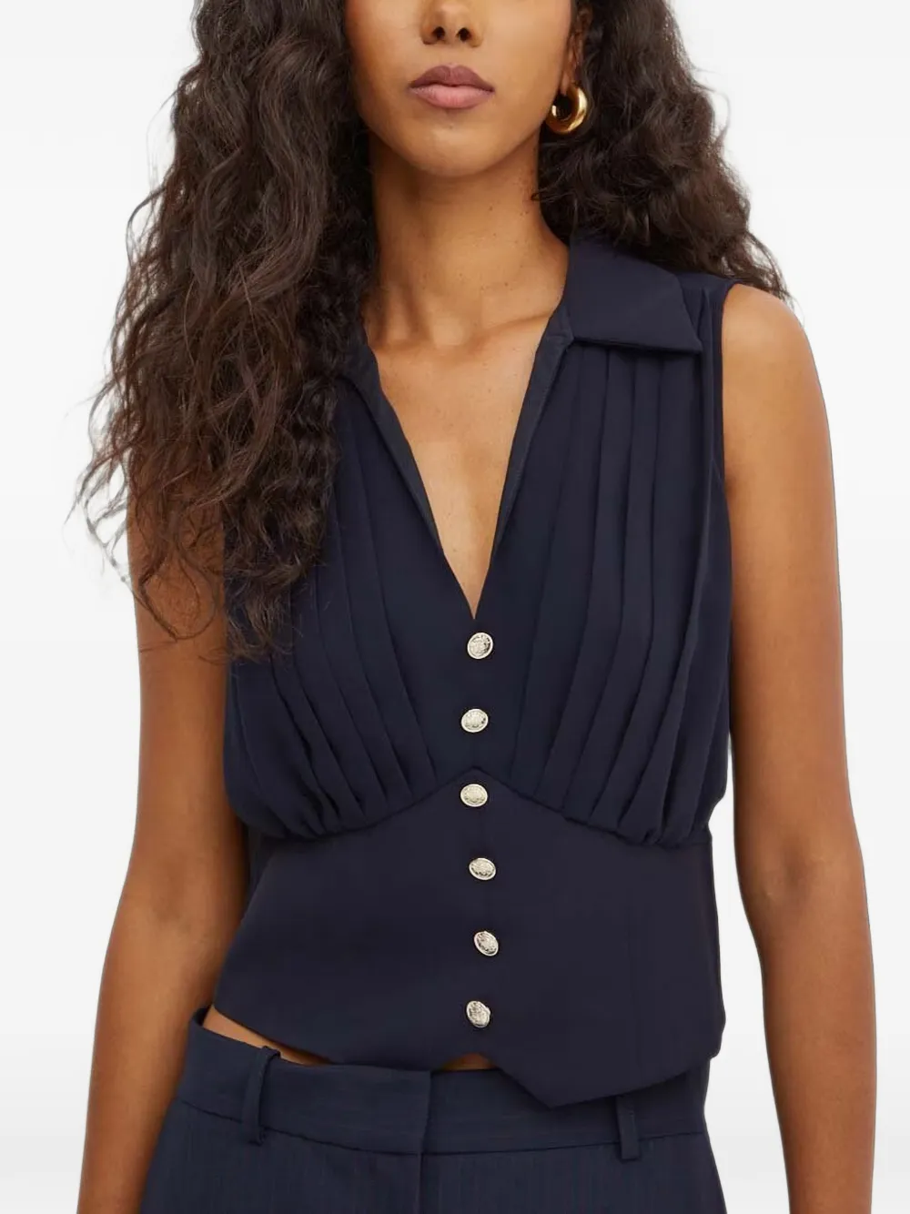 Morgan Opli Pleated Sleeveless Button-up Top In Blue
