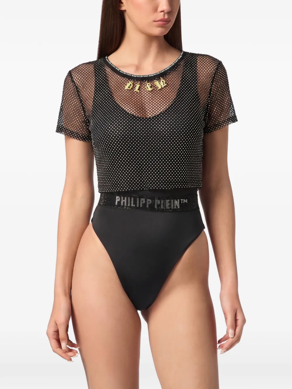 Philipp Plein Cropped mesh bedels met kristallen bedels Zwart