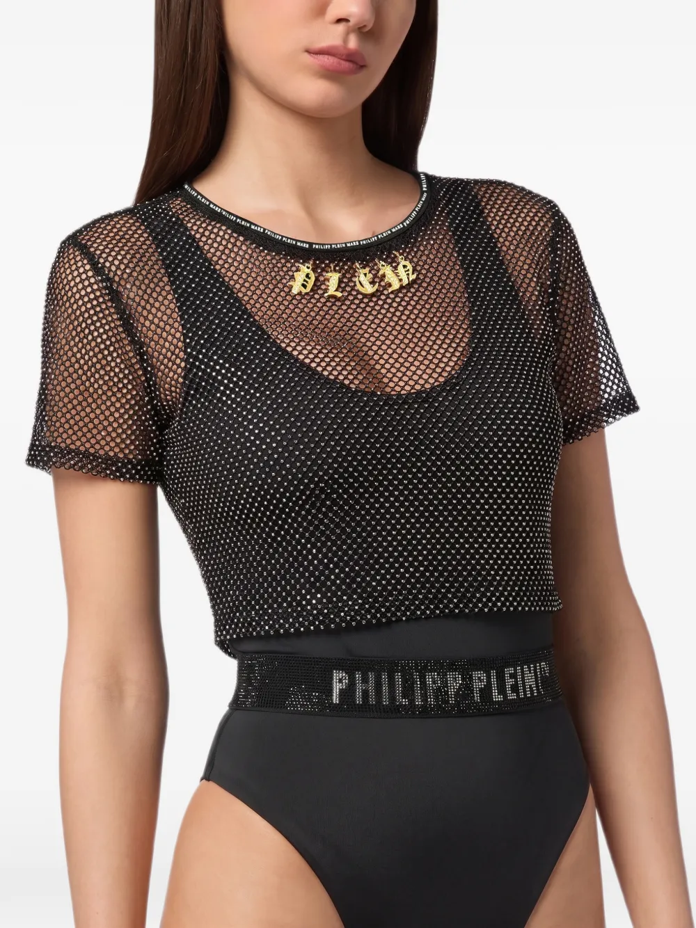 Philipp Plein Cropped mesh bedels met kristallen bedels Zwart