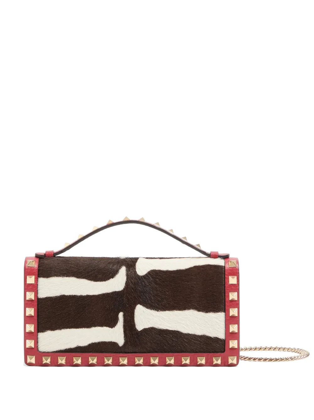 Valentino Garavani Rockstud wallet with chain in pony-effect calfskin - Marrone