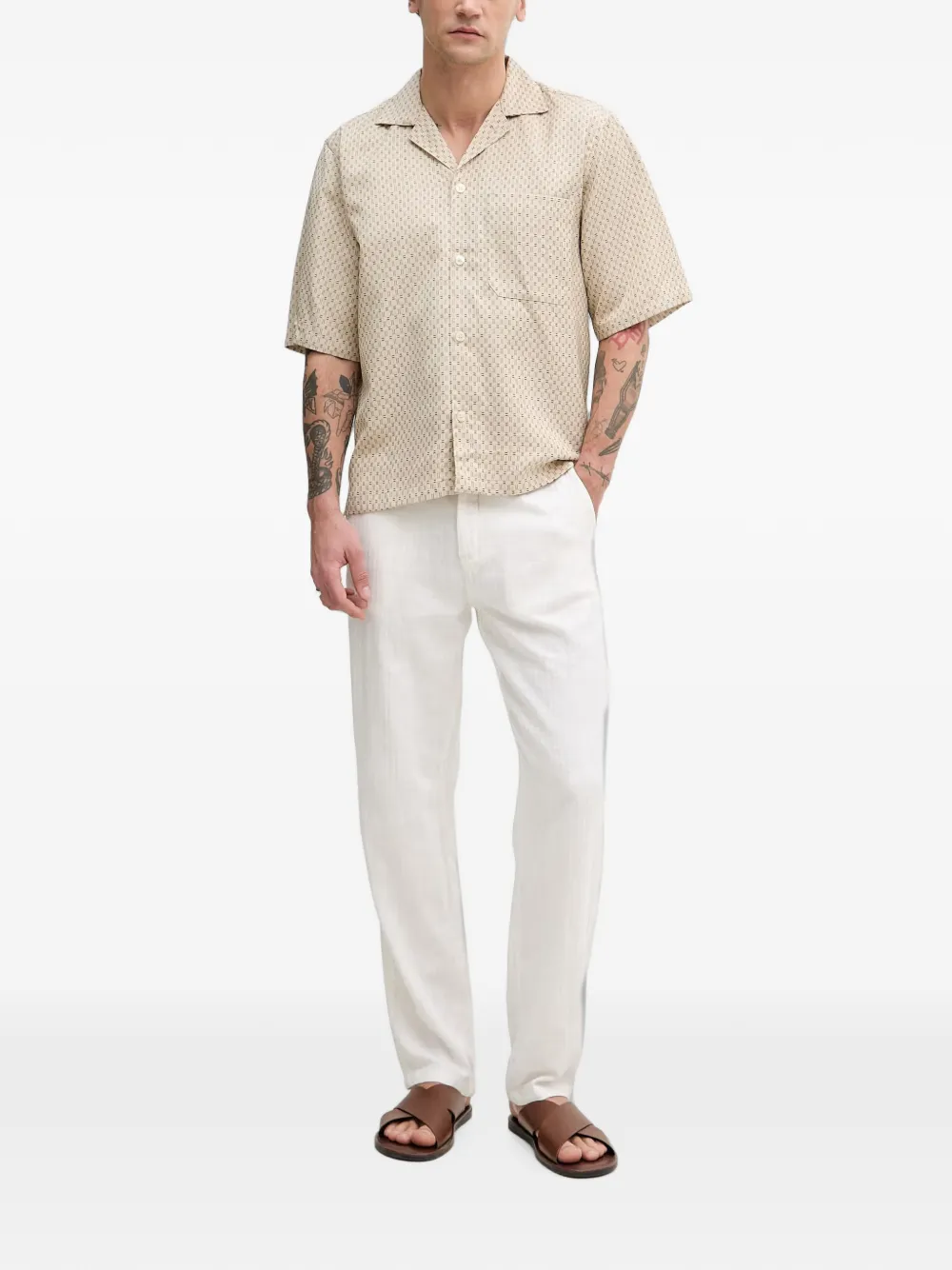 Lindbergh Overhemd met geometrisch patroon en campkraag Beige