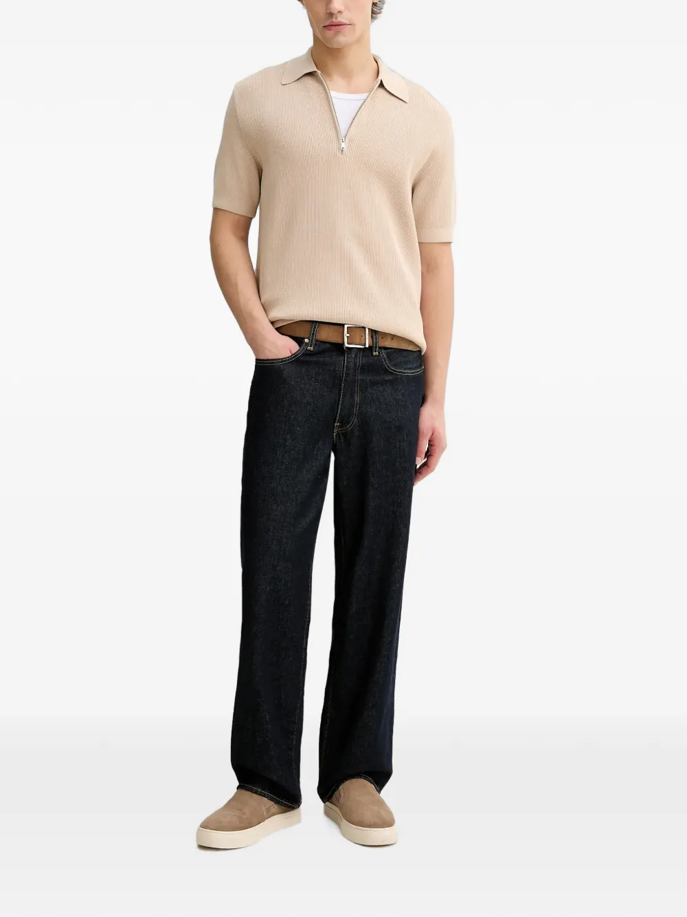 Marc O'Polo Ribgebreid poloshirt met rits Beige