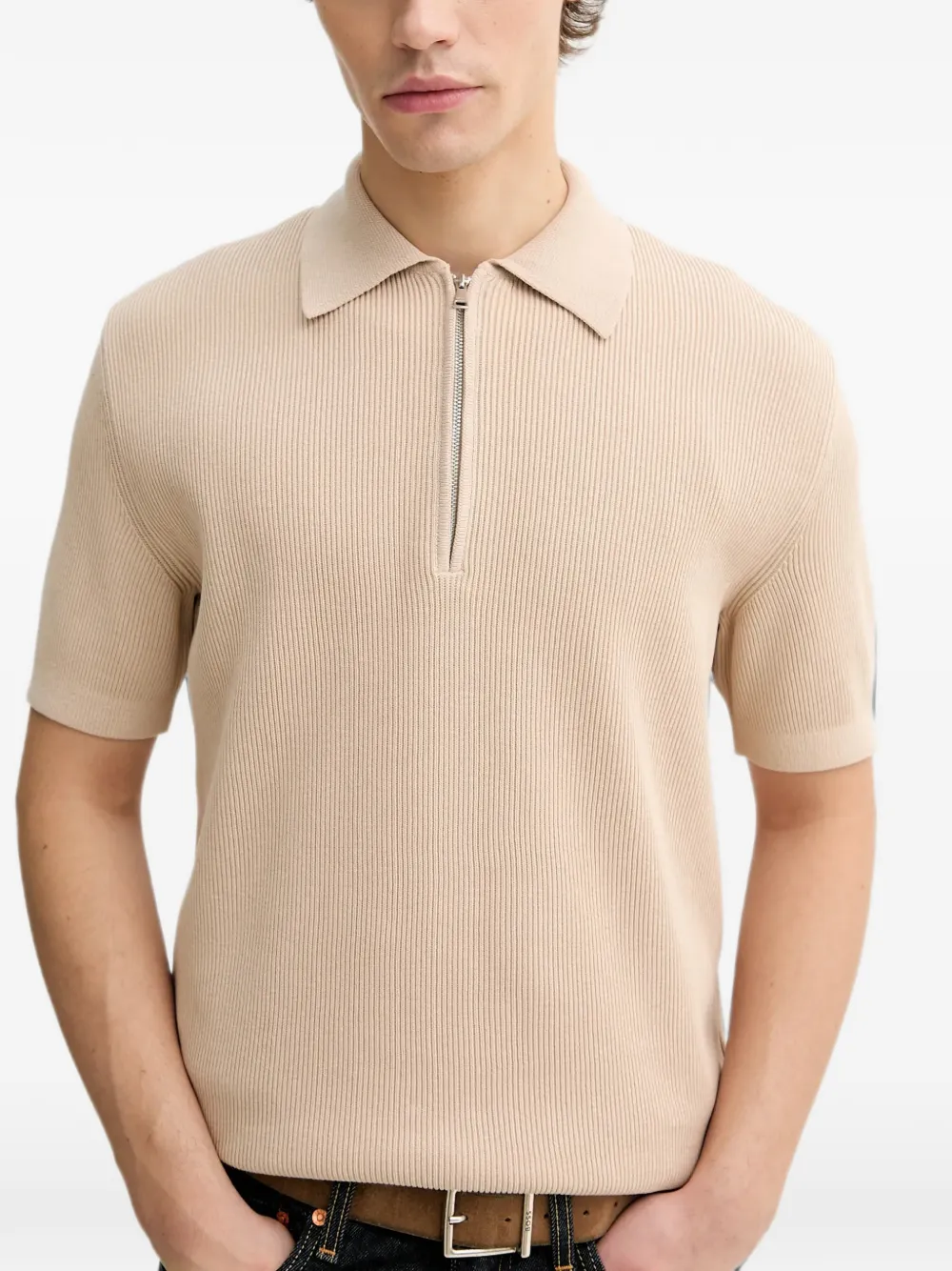 Marc O'Polo Ribgebreid poloshirt met rits Beige