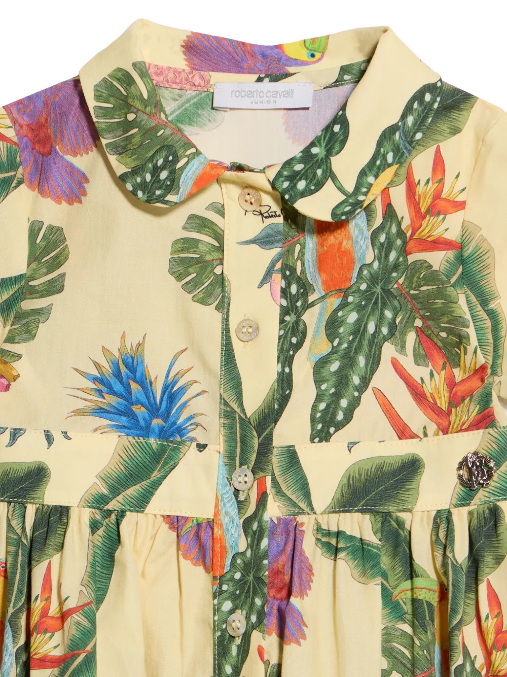 Roberto Cavalli Junior Jurk met Tropicana-print en ruches Geel