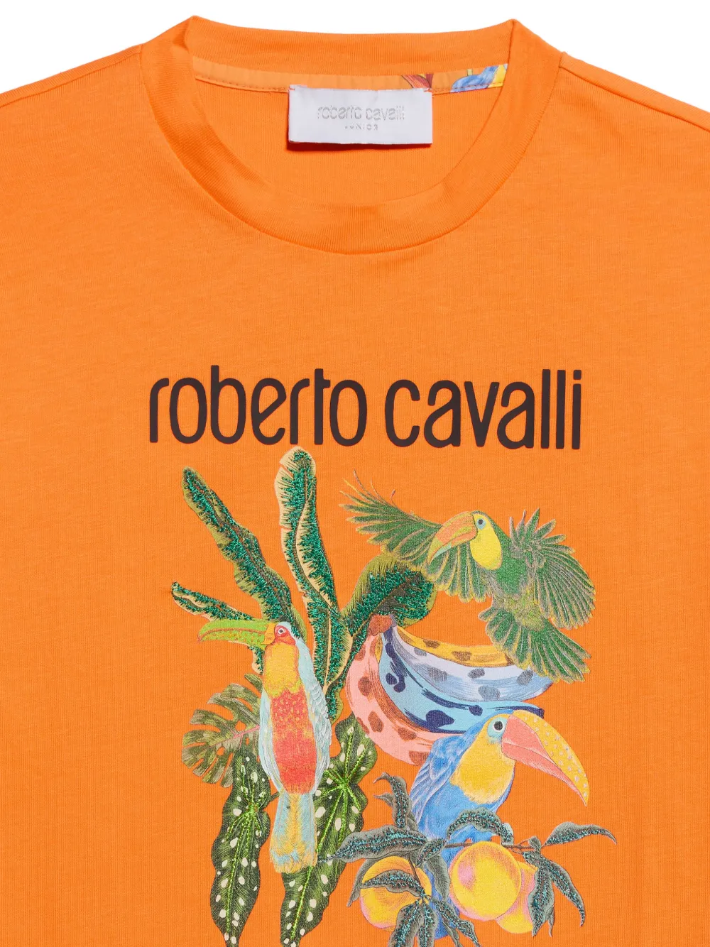 Roberto Cavalli Junior T-shirt met tropisch patroon en logoprint Oranje