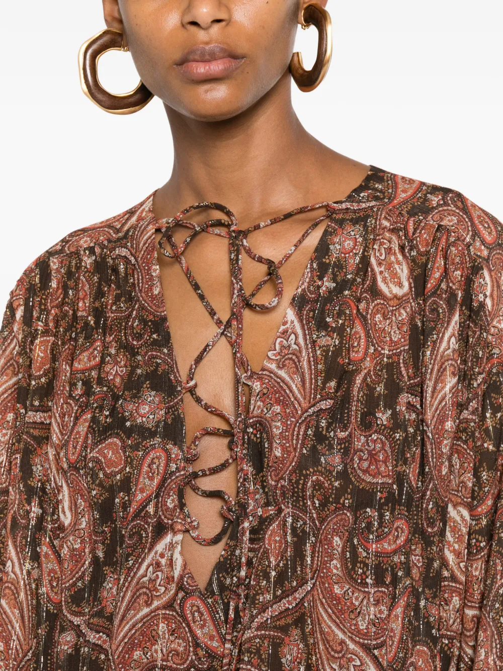 THE ANDAMANE Indira mini-jurk met paisley-print en vetersluiting Bruin