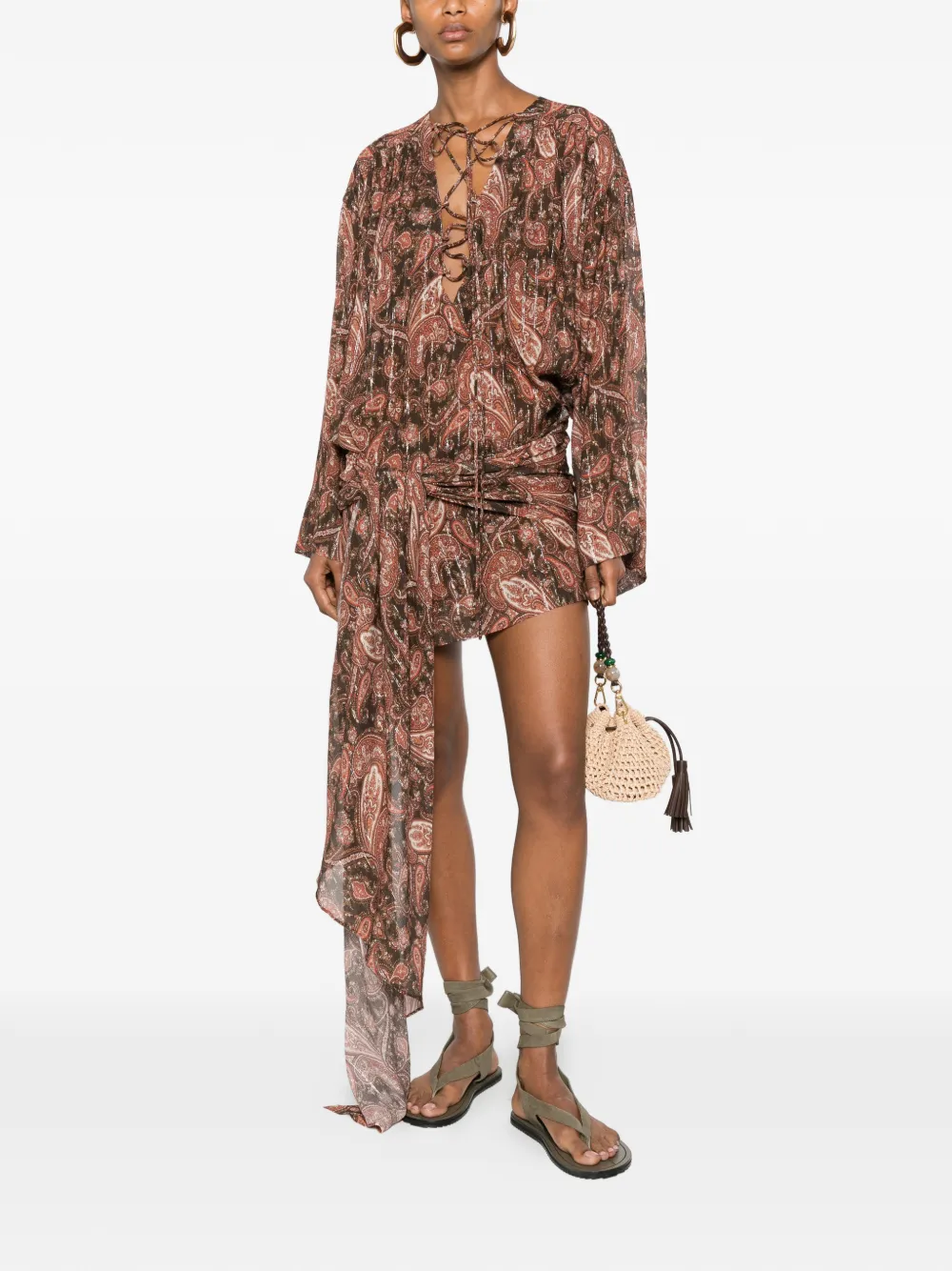 THE ANDAMANE Indira mini-jurk met paisley-print en vetersluiting Bruin