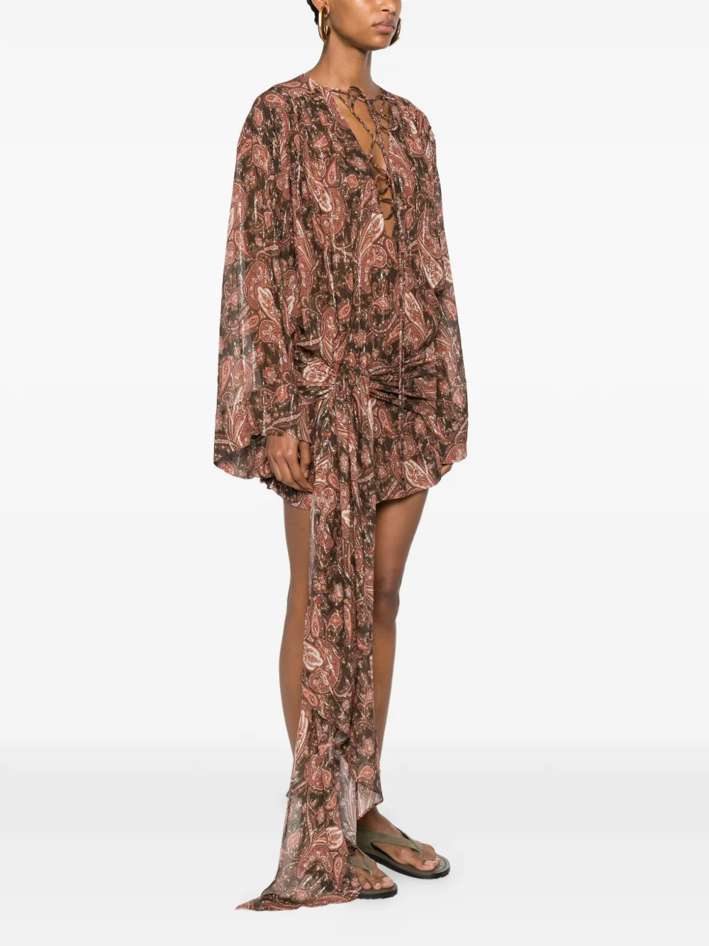 THE ANDAMANE Indira mini-jurk met paisley-print en vetersluiting Bruin