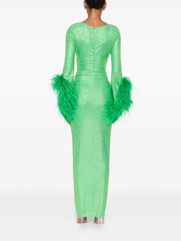 green feather trim dress Miss Circle Women Perrin Emerald Green Feather Dress High Slit Gown