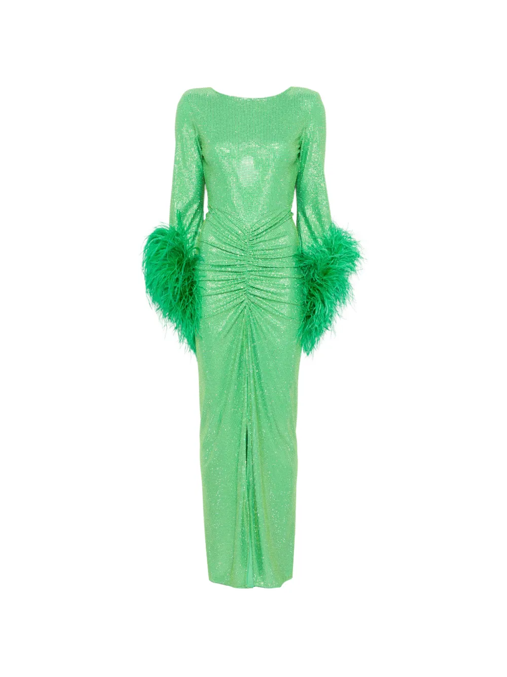 MIRON crystal-embellished feather-trim maxi dress