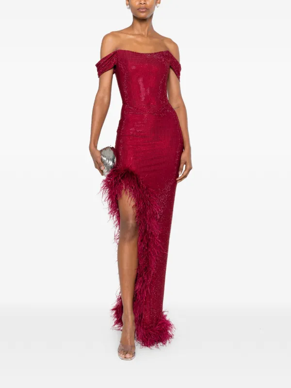 MIRON crystal-embellished feather-trim Maxi Dress | Red | FARFETCH