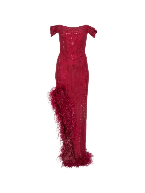 MIRON crystal-embellished feather-trim maxi dress