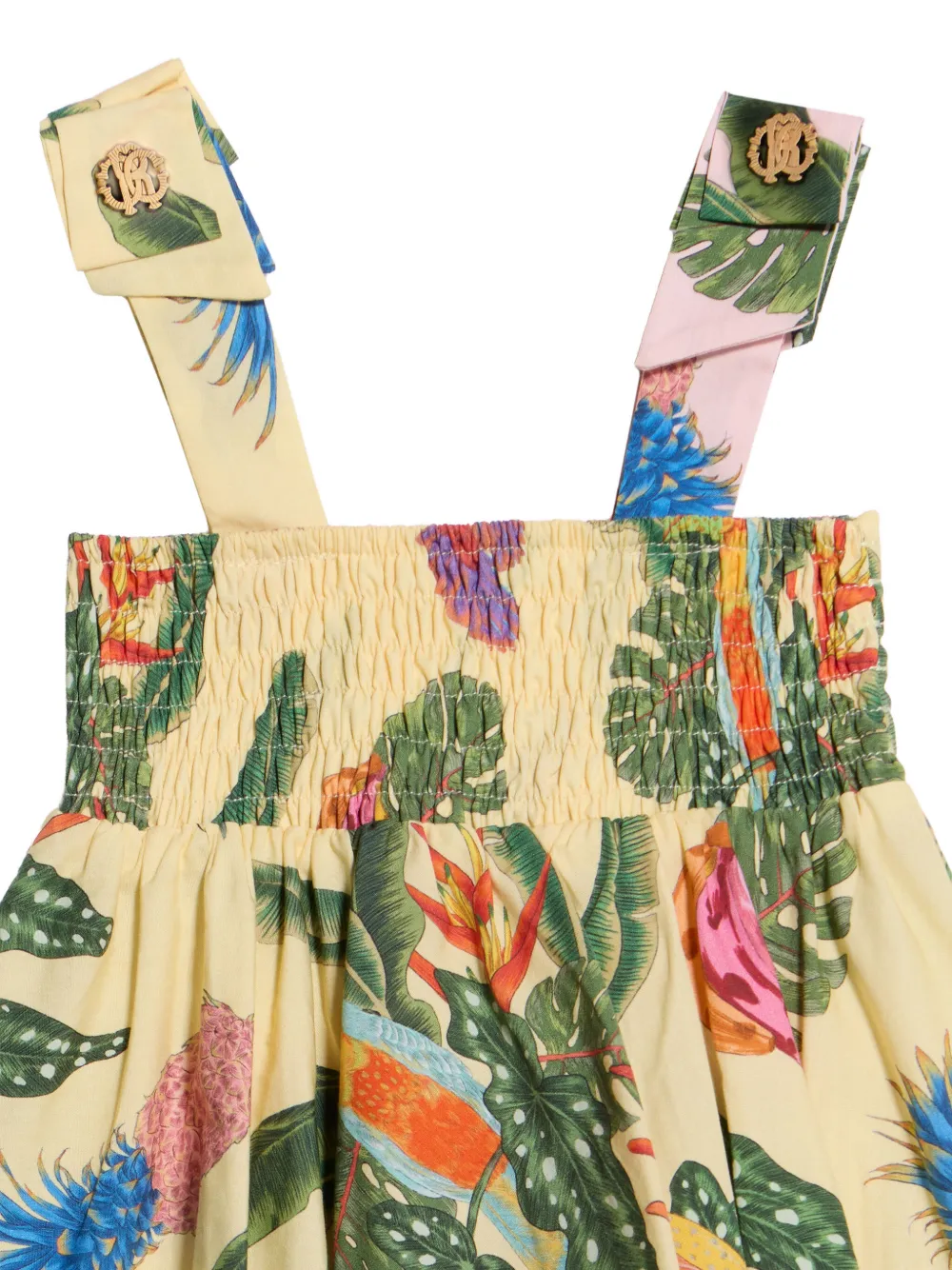 Roberto Cavalli Junior Gesmockte jurk met tropische print Beige