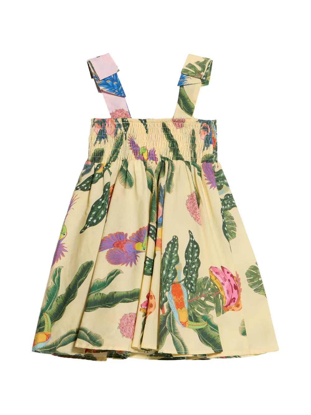Roberto Cavalli Junior Gesmockte jurk met tropische print Beige