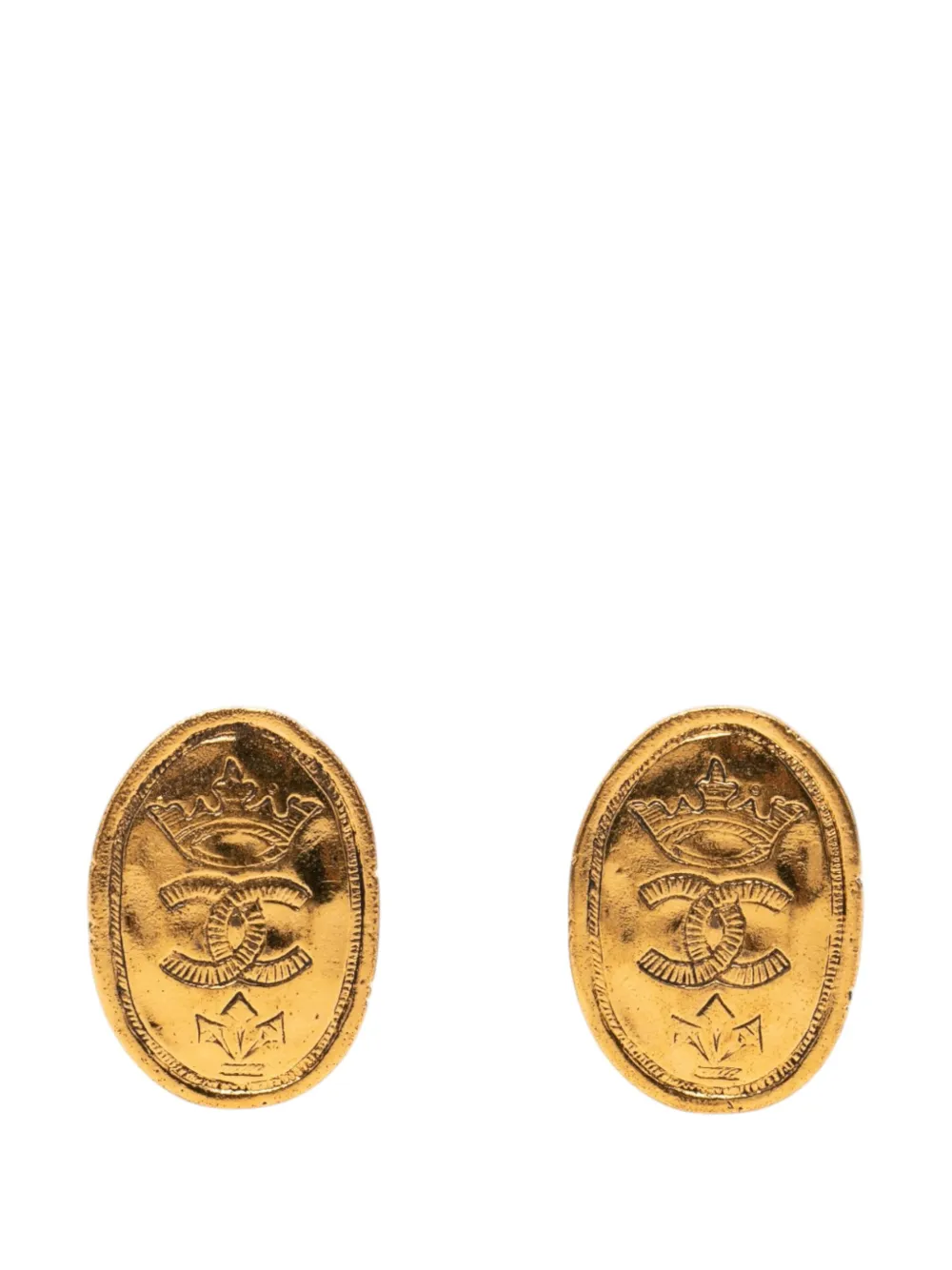 CHANEL Pre-Owned 1980-1990 CC Gold Plated Oval Crown Earrings costume earrings - Oro