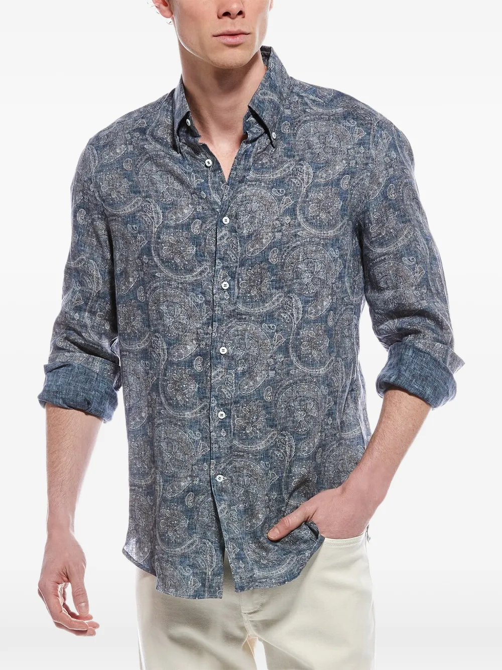 Brunello Cucinelli paisley-print linen shirt - Blue