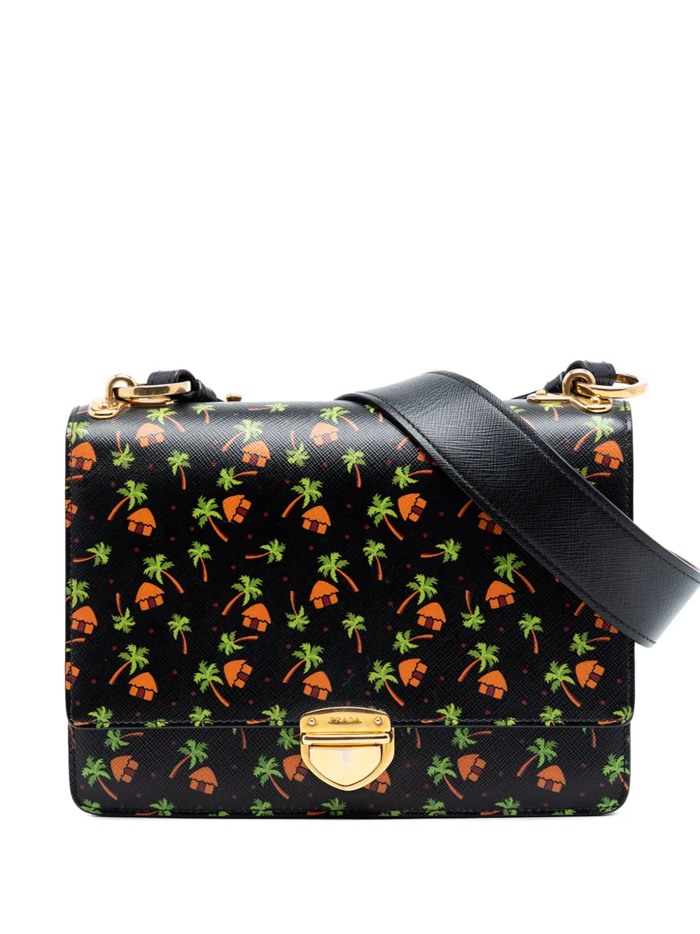 Prada Pre-Owned 2010-2026 Saffiano Palm Tree and Hut Print Flap crossbody bag - Nero