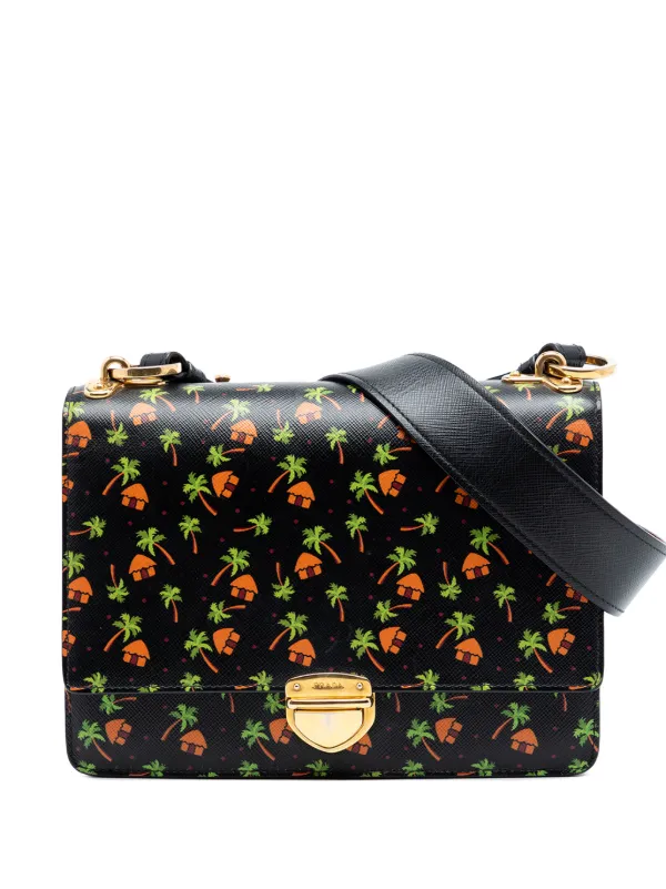 Prada Pre-owned 2010-2026 Saffiano Palm Tree and Hut Print Flap Crossbody Bag in Black