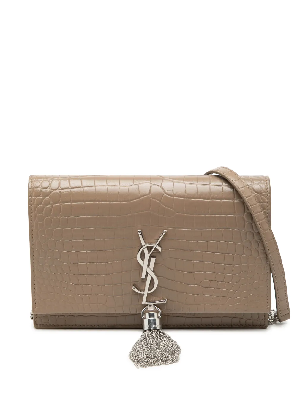 Saint Laurent Pre-Owned 2019 Small Croc Embossed Leather Monogram Kate Tassel Wallet on Chain crossbody bag - Marrone
