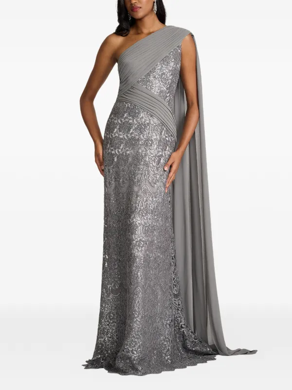 tadashi shoji grey dress Tadashi Shoji Grey Chiffon Embellished Gown L Tadashi Shoji