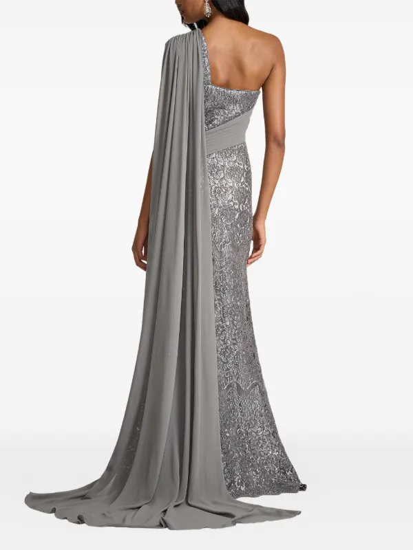 tadashi shoji grey dress Draped One-Shoulder Sequin Gown, Mist, Women's, 2 c-neon green