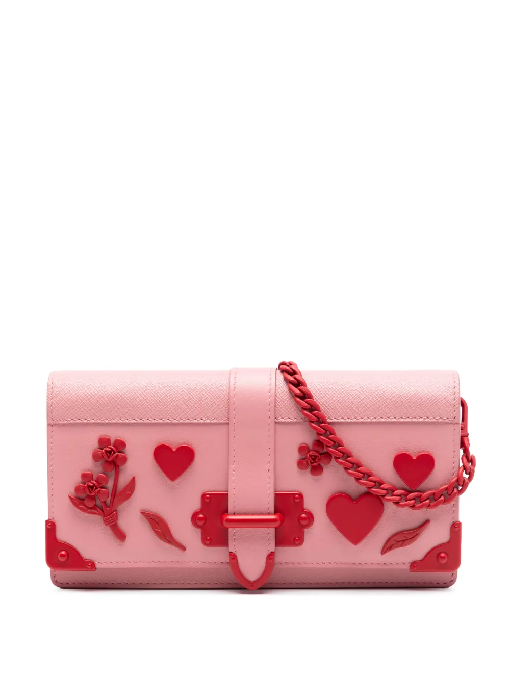 Prada Pre-Owned 2010-2026 Saffiano Trimmed City Calf Cahier Heart and Flower Wallet on Chain crossbody bag - Rosa