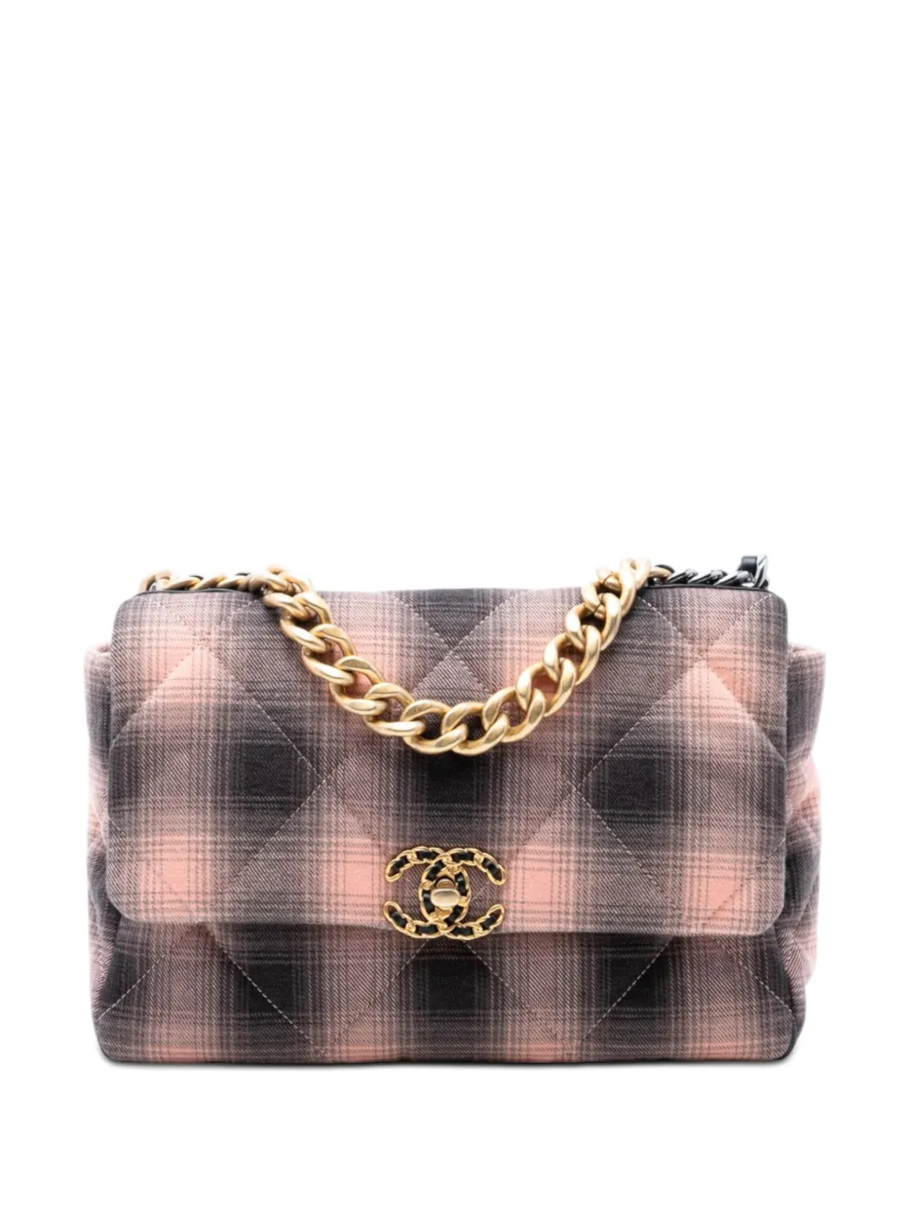 CHANEL Pre-Owned 2021-2026 Large Cotton Check 19 Flap satchel - Grey