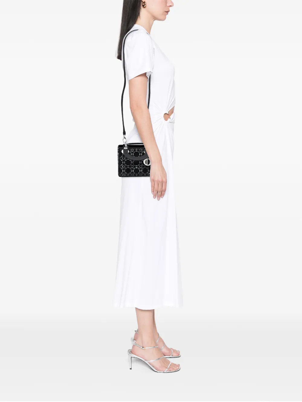 Dior Pre-owned 2018 Mini Satin Cannage Strass Crystal Embellished Lady Dior Satchel in Black, view 2