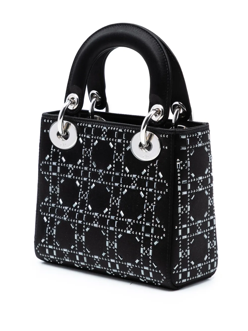 Dior Pre-owned 2018 Mini Satin Cannage Strass Crystal Embellished Lady Dior Satchel in Black, view 3