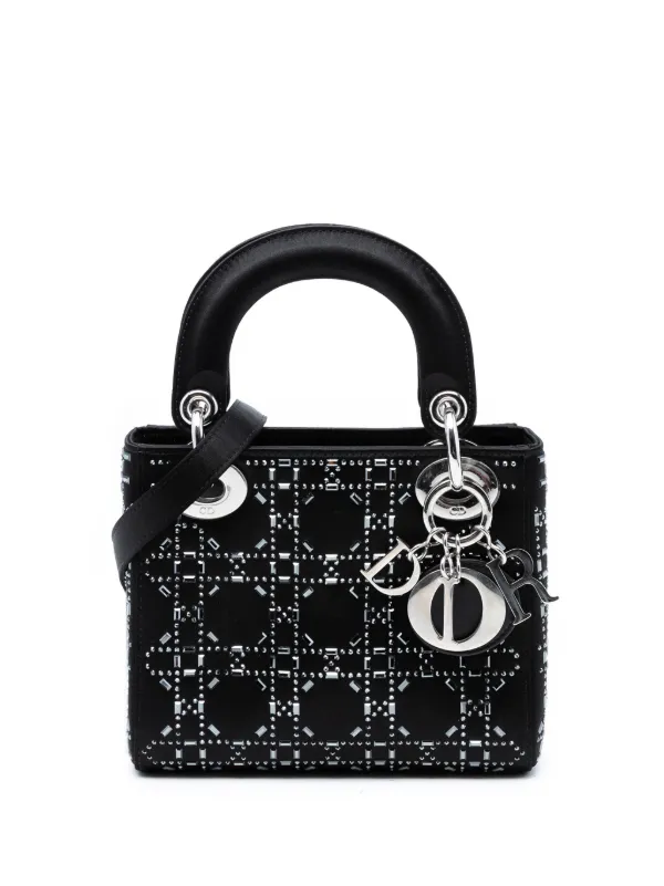 Dior Pre-owned 2018 Mini Satin Cannage Strass Crystal Embellished Lady Dior Satchel in Black