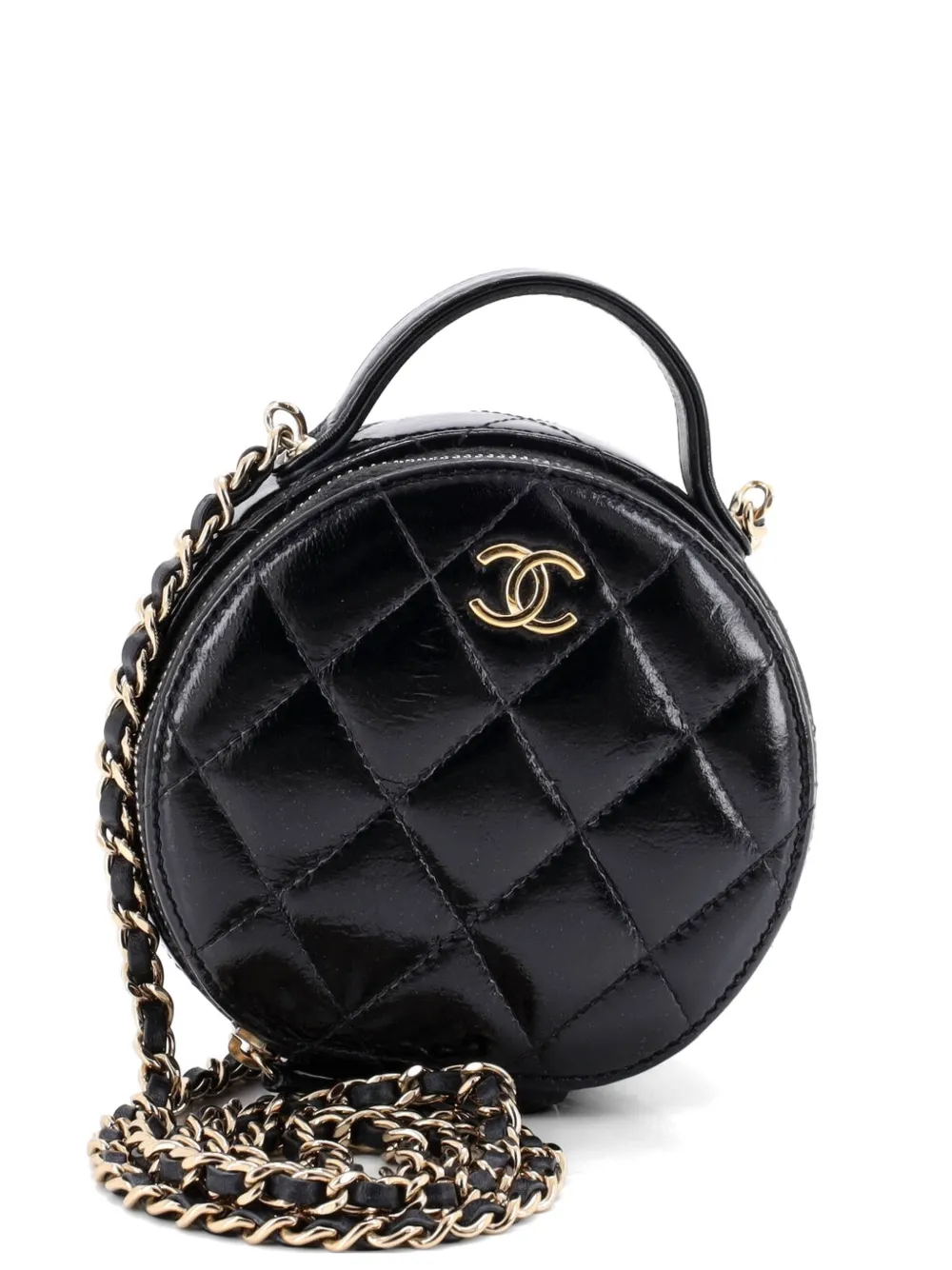 CHANEL Pre-Owned Borsa a tracolla Vanity Case tonda piccola in pelle di agnello trapuntata con manico catena - Nero