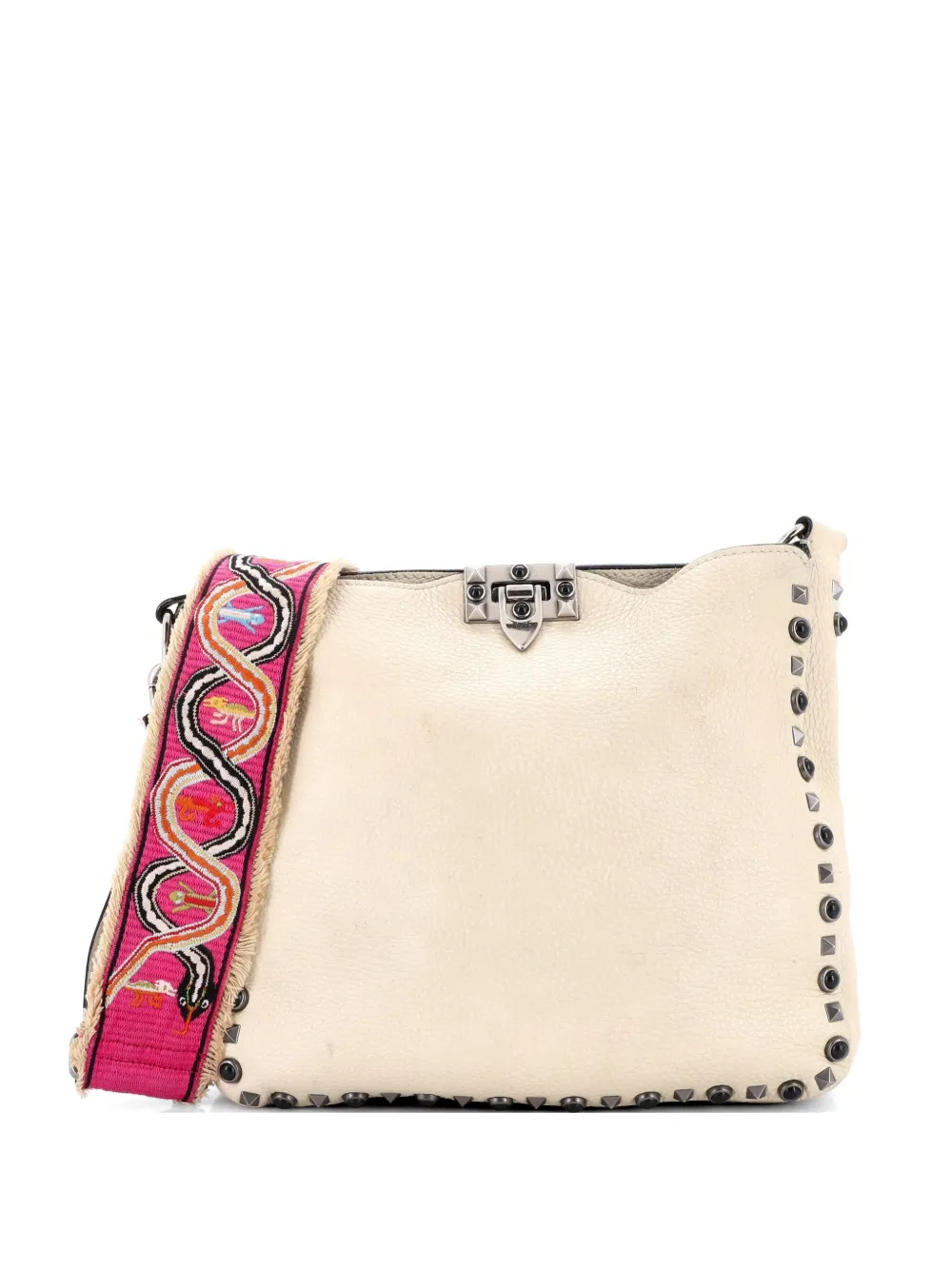 Valentino Garavani Pre-Owned Borsa a tracolla Rockstud Flip Lock Messenger Bag media in pelle con cabochon - Toni neutri