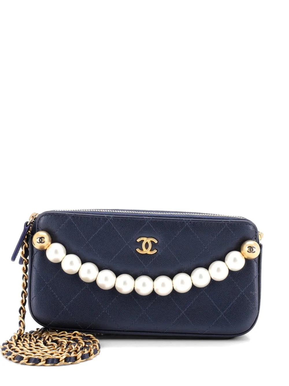 CHANEL Pre-Owned Chic Pearls Double Zip Clutch with Chain Quilted Lambskin crossbody bag - Blu