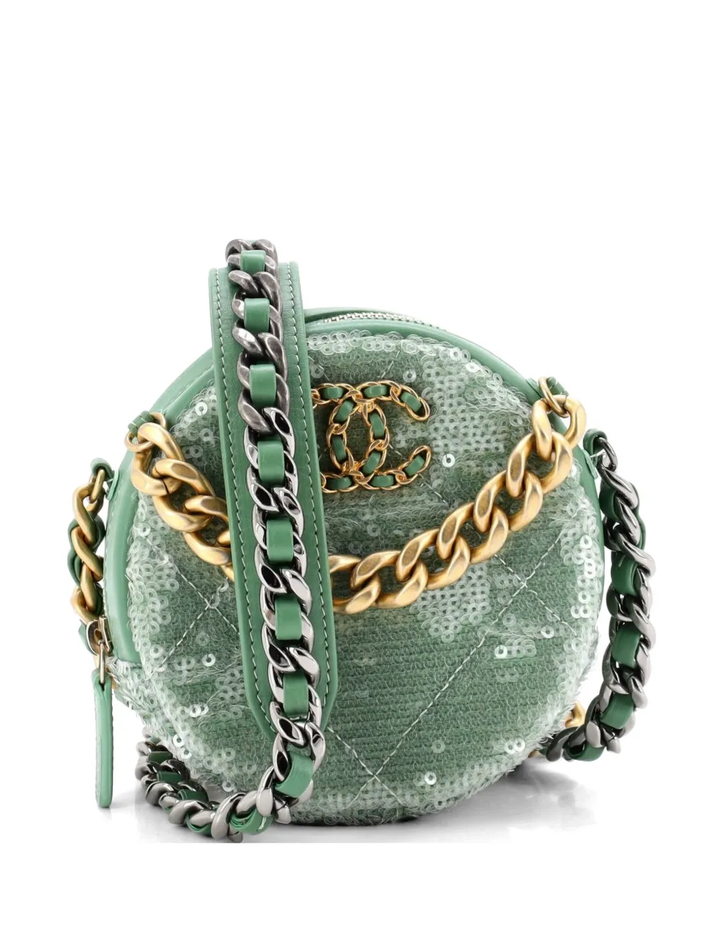CHANEL Pre-Owned 19 Round Clutch with Chain Quilted Leather and Sequins crossbody bag - Verde