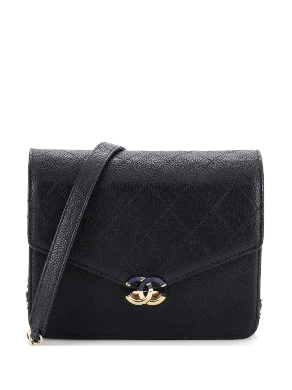 Chanel Pre-owned Thread Around Square Wallet on Chain Quilted Caviar Crossbody Bag in Black