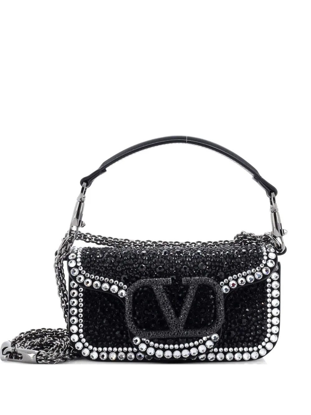 Valentino Garavani Pre-Owned VLogo Loco Flap Embellished Leather Small shoulder bag - Nero