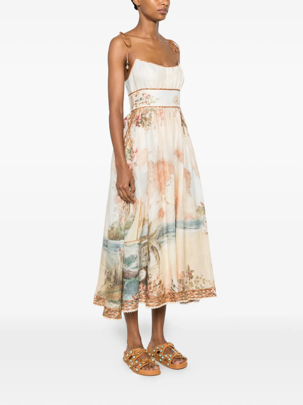 ZIMMERMANN Jurk met gestrikt bandje en print Beige